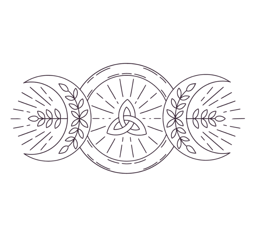 Symbole comprenant la triple lune et le triquetra en son centre. Symbolique représentant la trinité Wicanne. Souvent appelé '' The Wiccan Trinity '' dans les ouvrages communs. Version artisitique