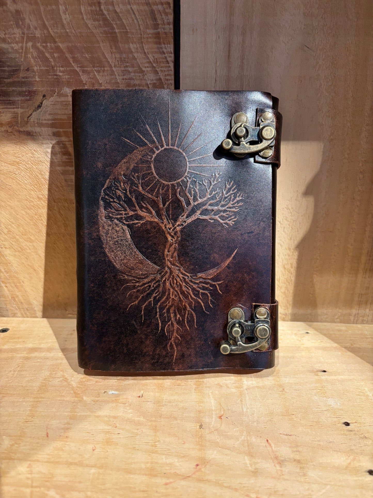 Livre en cuir BoS-4 1/2’’x6 1/2’’- Arbre de vie Soleil/Lune
